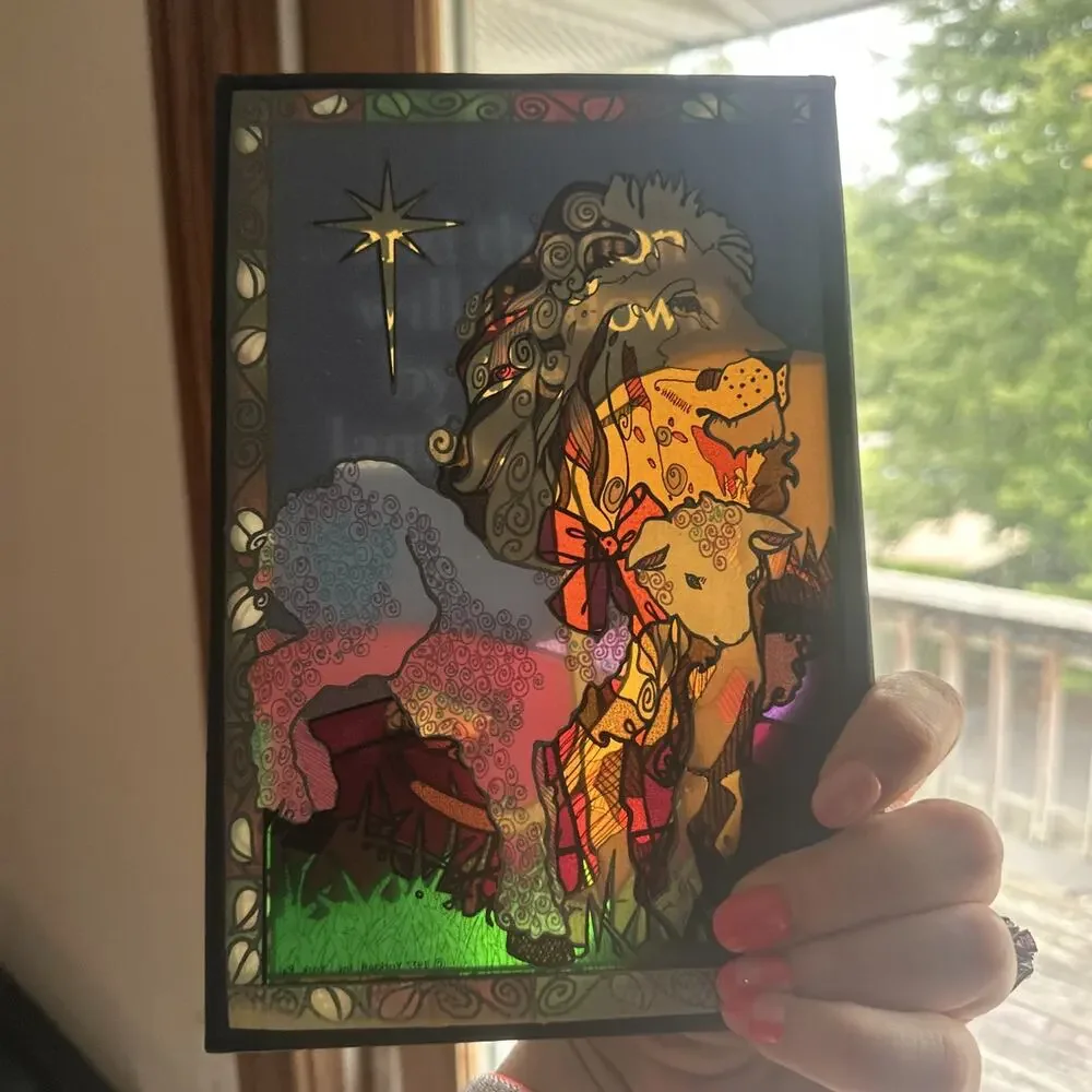 Vintage 1977 Yorkraft Seriglass Bi-fold Stained Glass Sun Catcher Lion And Lamb